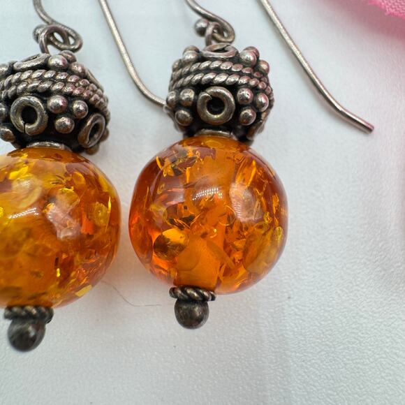 Bali Style Amber Chunk & Silver Bali Style Bead Dangle Earrings Acid UV Tested - Picture 5 of 12